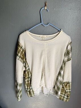 Cream Waffle Knit Crewneck Sweater with Olive Plaid Sleeves